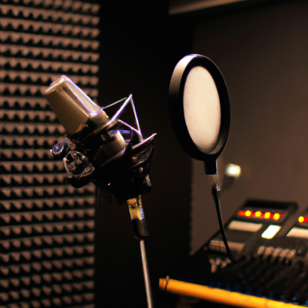 Studio d'enregistrement moderne avec micro, console de mixage et lumières d'ambiance