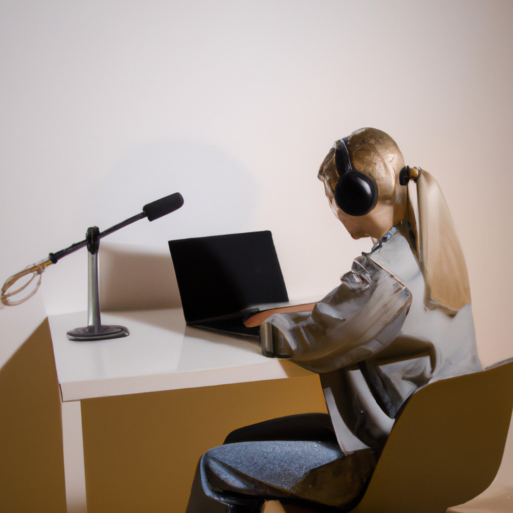 Jeune étudiante enregistrant une leçon de voix avec casque, bureau scandinave minimal