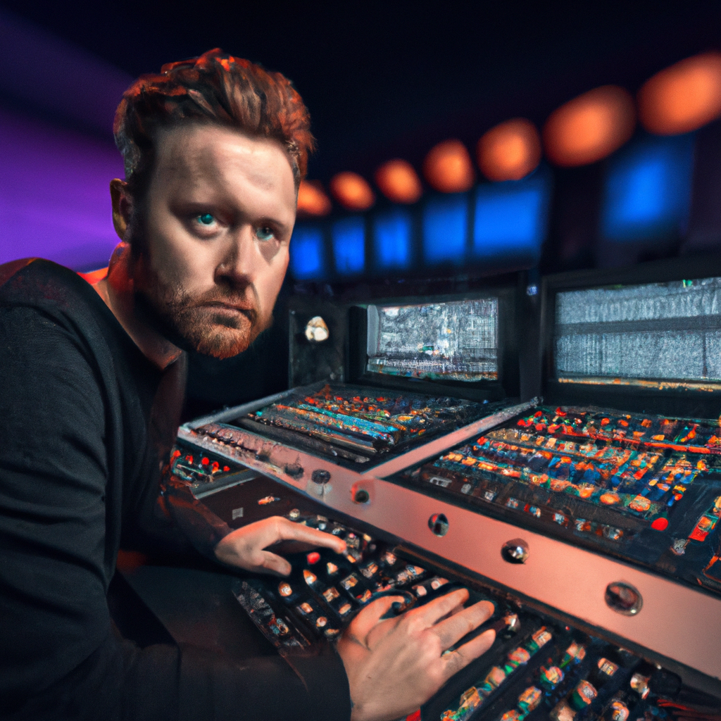 Portrait ingénieur du son dans régie, console, néons